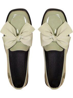 🆕 Women's Patent Leather Square Toe Loafers Big Bow Tie Casual Green Slip On